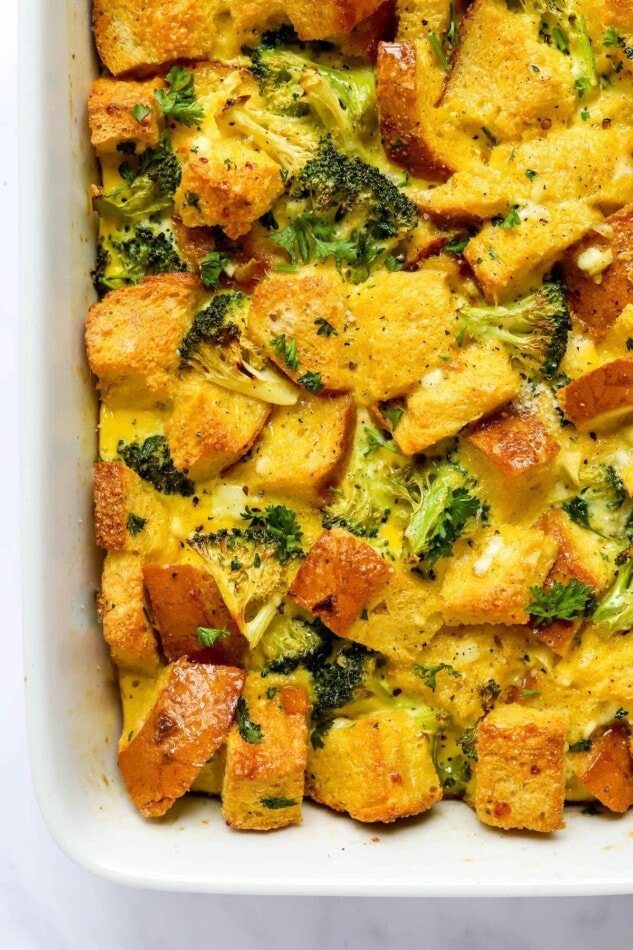 A closeup of healthy breakfast casserole in a baking dish.