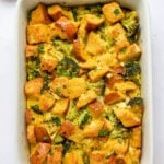 A healthy breakfast casserole in a baking dish.