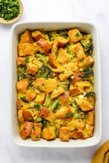 A healthy breakfast casserole in a baking dish.