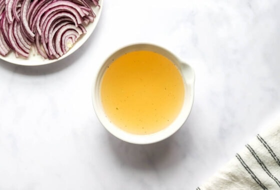 A small bowl containing vinegar, water, sugar and salt.