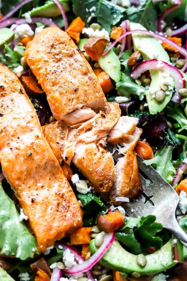 A closeup of two salmon filets over a superfood salad.