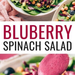 An overhead photo looking down at a bowl of spinach blueberry salad. Photo below is a spoon drizzling the blueberry dressing on the salad.