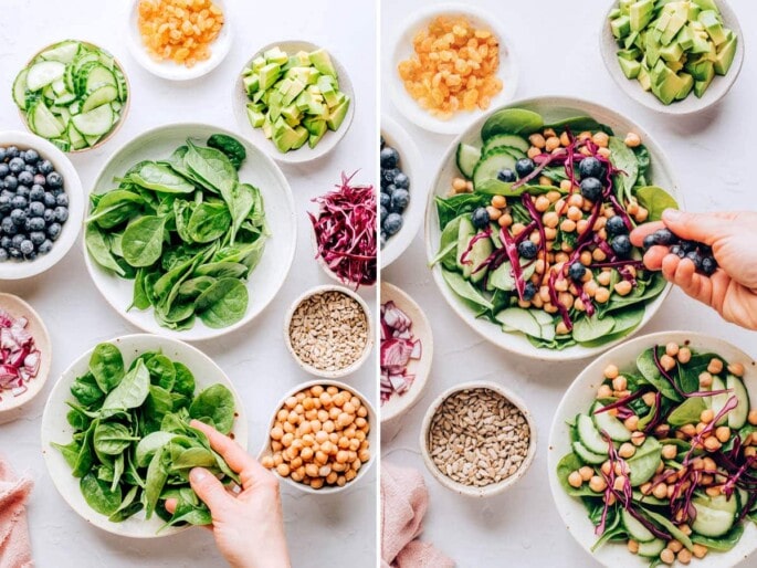 Photos showing how to assemble blueberry spinach salads by layering spinach on a plate and topping with veggies and berries.