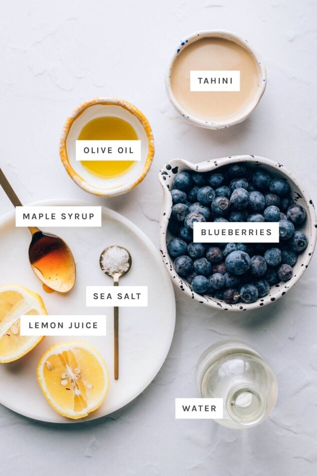 Ingredients measured out to make blueberry tahini dressing: tahini, olive oil, blueberries, maple syrup, sea salt, lemon juice and water.