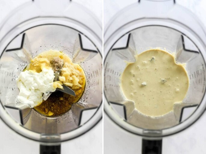 Side by side photos of ingredients to make a Greek yogurt caesar dressing in a blender, before and after being blended.