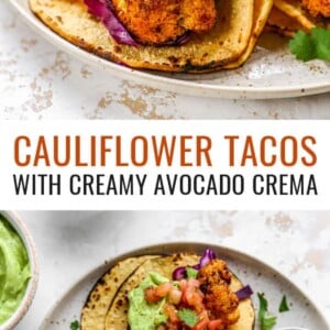 A cauliflower taco topped with avocado crema and fresh cilantro in focus on plate. There are 2 other tacos on the plate. Photo below is of three cauliflower tacos on a plate, with lime slices.