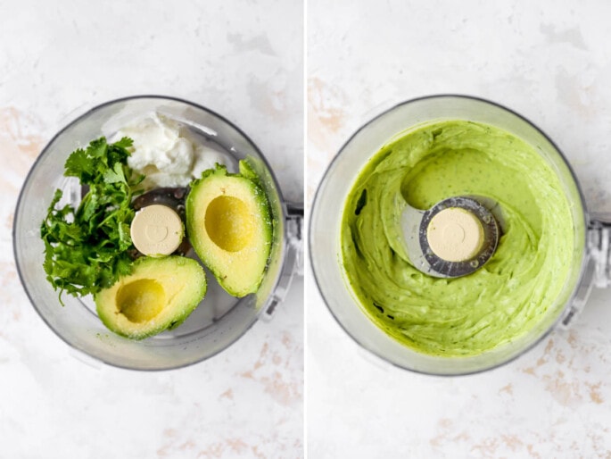 Side by side photos showing how to make avocado crema: avocados, Greek yogurt and cilantro in a food processor, before and after being blended.