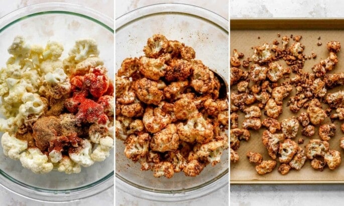 Three photos: spices on cauliflower bits, cauliflower tossed with spices, and then cauliflower on a sheet pan.