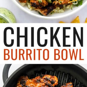 A chicken burrito bowl with corn salad, black beans, guacamole, shredded cheese, lime slices, greek yogurt and salsa served over cilantro lime rice. It has been drizzled with a tomatillo avocado dressing. Photo below is of four chicken thighs cooking in a grill pan.