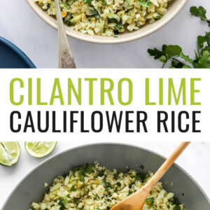Looking down at a serving bowl containing cilantro lime cauliflower rice. A spoon rests in the bowl. Photo below is of the cilantro cauliflower rice in a skillet.