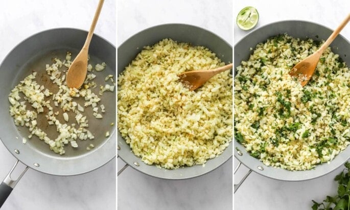Three photos showing the process to make cilantro lime cauliflower rice: sauteing the onion, adding the cauliflower rice to the skillet, and stirring in the lime zest and cilantro.