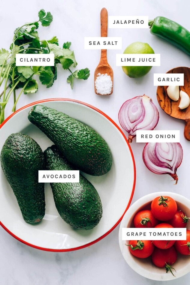 Ingredients measured out to make guacamole: cilantro, sea salt, jalapeno, lime, garlic, red onion, avocados and grape tomatoes.