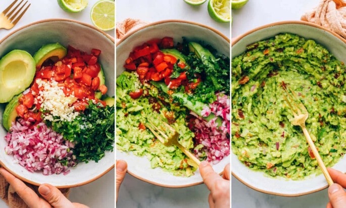 Three photos, showing the ingredients in a bowl to make guacamole, a fork smashing the ingredients and then the final guacamole.
