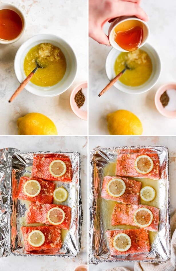 Collage of four photos: two photos are showing how to make the glaze for honey lemon garlic salmon by mixing together butter, honey and spices. The other two photos are of the salmon filets topped with glaze and lemons, before and after being baked.