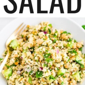 Quinoa Jennifer Aniston salad on a white plate.