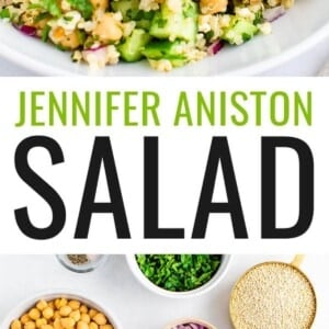 Quinoa Jennifer Aniston salad on a white plate. Photo below is of the ingredients measured out to make the salad: salt, pepper, mint, quinoa, chickpeas, red onion, lemon juice, pistachios, feta, parsley, cucumber and olive oil.