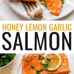 Close up photo of a fork taking a bite out of honey lemon garlic salmon, photo below is of a platter with four salmon filets.