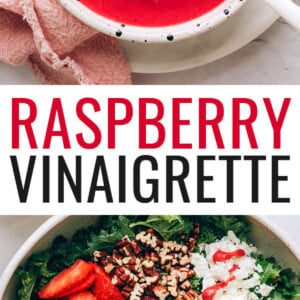 Bowl and spoon with raspberry vinaigrette. Photo below is a spoon drizzling the dressing onto a kale salad.