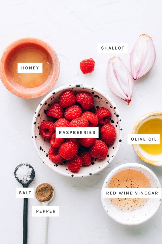 Ingredients measured out to make raspberry vinaigrette: honey, shallot, raspberries, olive oil, red wine vinegar, salt and pepper.
