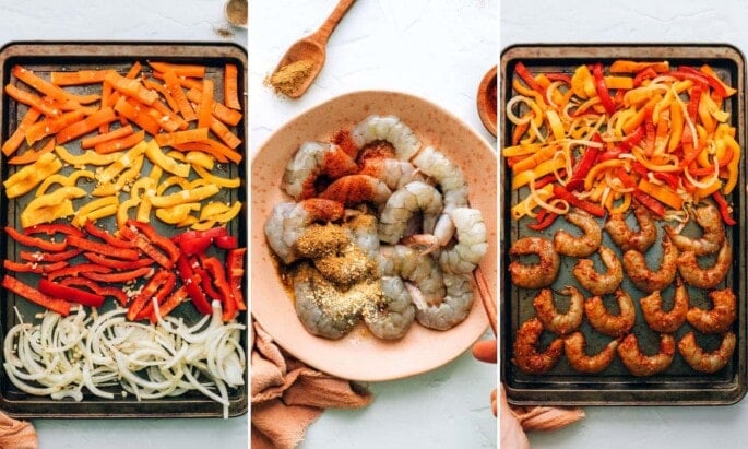 Three photos: 1. onion and peppers on a sheet pan, 2. Shrimp with spices on them in a bowl, 3. Shrimp and the veggies on a sheet pan.