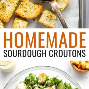 Sourdough croutons on a baking sheet lined with parchment paper. A spoon is lifting a few croutons off the baking sheet. Photo below is of the croutons on a kale caesar salad.