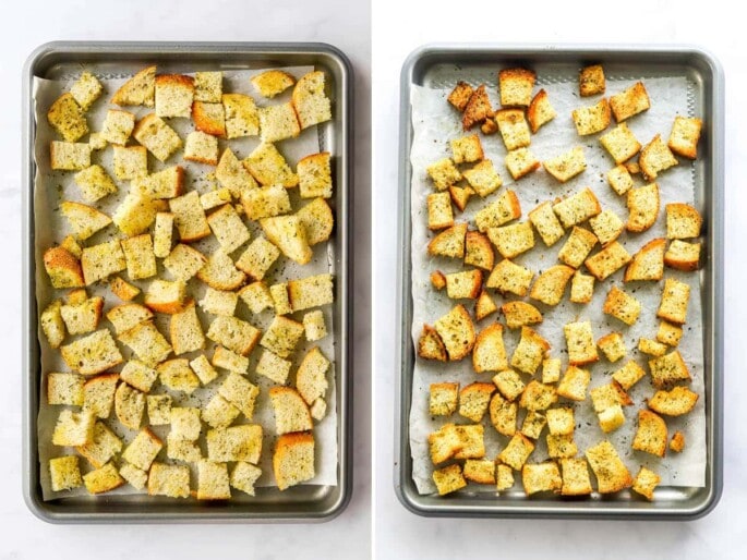 Side by side photos showing how to make sourdough croutons: chunks of seasoned bread cubes on a sheet pan, before and after being baked.