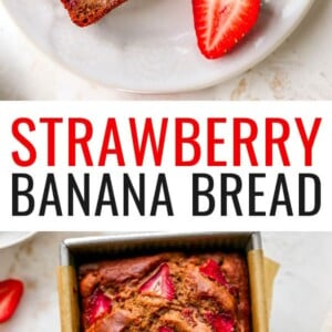 A slice of strawberry banana bread with a bite taken out of it, resting on a plate with a halved strawberry. Photo below is of strawberry banana bread in a loaf pan.
