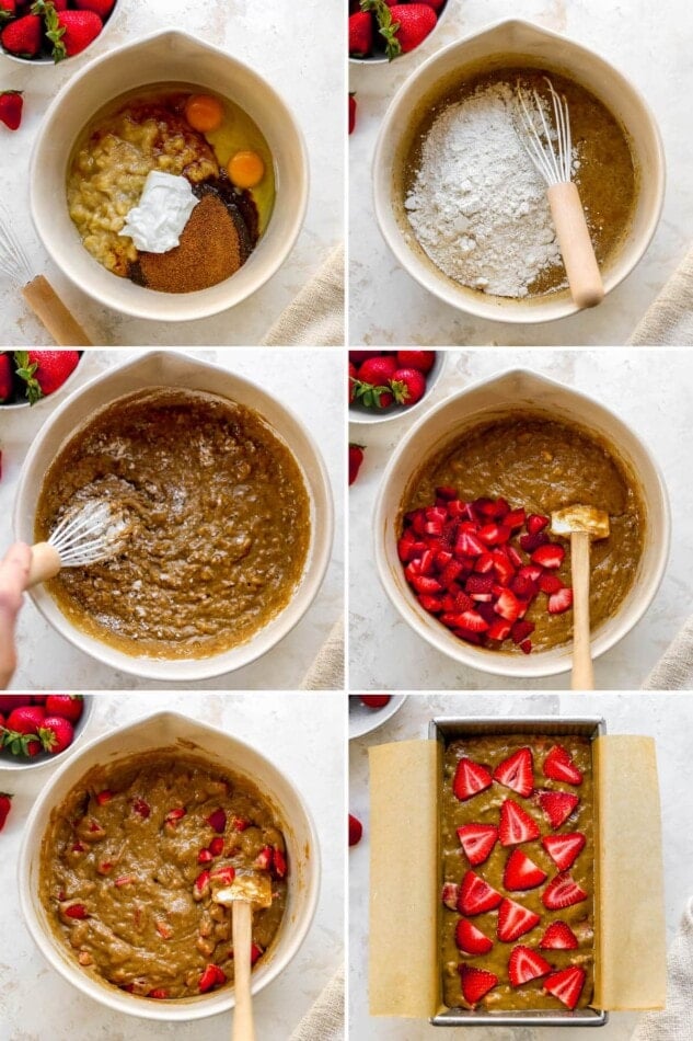 Collage fo 6 photos showing mixing batter to make strawberry banana bread and adding the batter to a loaf pan.