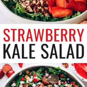Photo on the top: spoon drizzling raspberry dressing over a strawberry kale salad. Photo on the bottom: Large bowl with a kale salad topped with strawberries, grapes, feta, pecans and chickpeas. Two serving utensils are in the bowl.