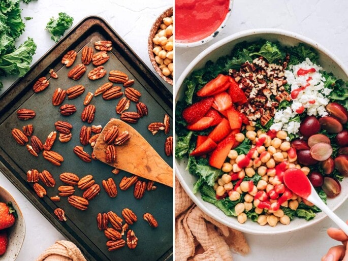 Side by side photos. The first is of pecans being toasted on a baking pan. The second photo is a kale salad topped with pecans, feta, grapes, strawberries, chickpeas and being drizzled with raspberry vinaigrette.