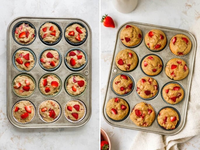 Side by side photos of strawberry yogurt muffins tins with muffins raw and then baked.