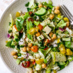 Overhead view of a plate containing Italian chopped salad.