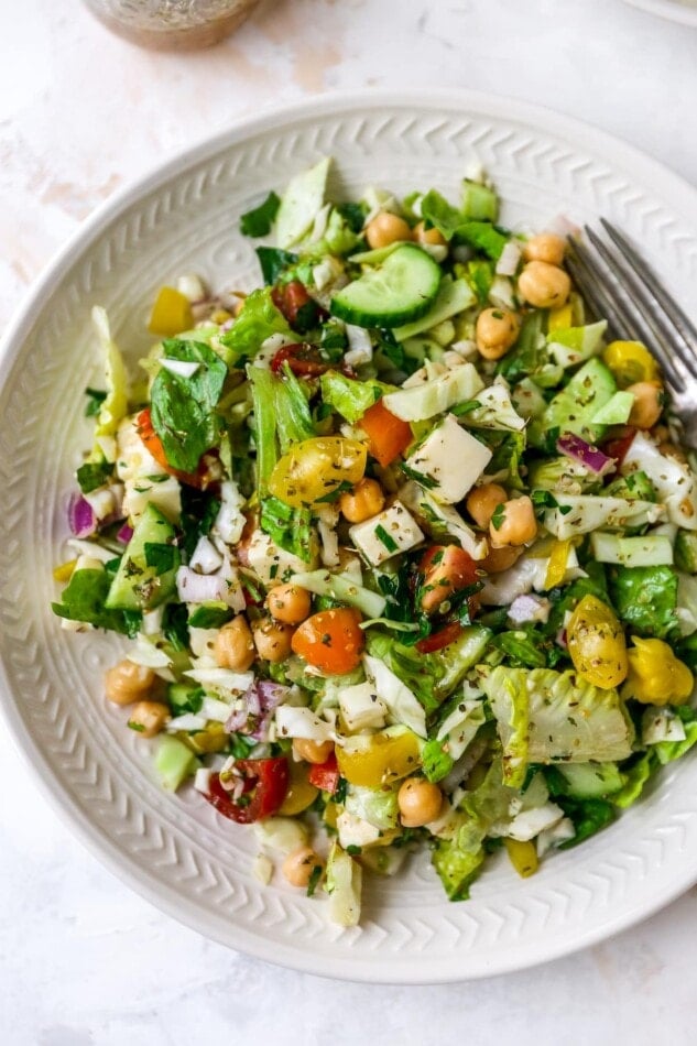 Overhead view of a plate containing Italian chopped salad.