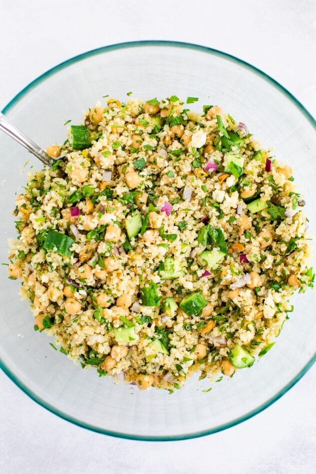 Ingredients for Jennifer Aniston's salad combined in a bowl.