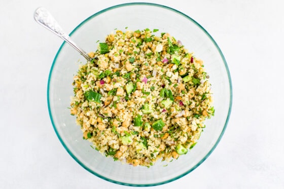 Ingredients for Jennifer Aniston's salad combined in a bowl.