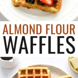 An almond flour waffles on a white plate. It has been topped with various berries and a drizzle of maple syrup. Photo below is of four almond flour waffles on a plate.