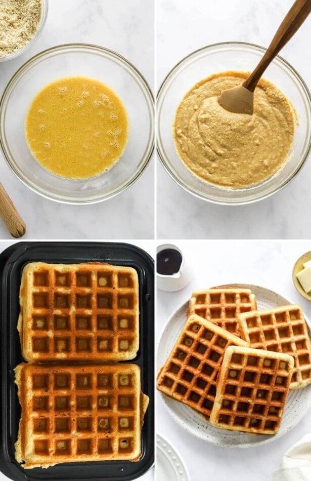 Collage of four photos showing the steps to make almond flour waffles, from the batter to cooking in a waffle iron.