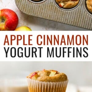 Apple yogurt muffins in a muffin tin, and a photo of three apple muffins stacked.