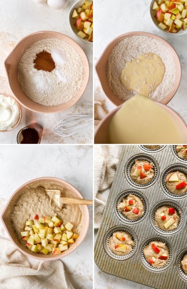 Four photos showing the process of making the batter for apple yogurt muffins.
