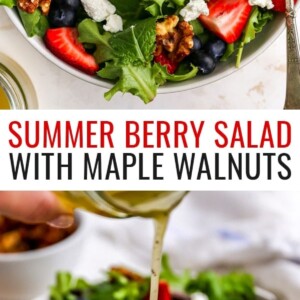 Bowl with a salad topped with maple walnuts, blueberries, goat cheese and strawberries. Photo below is of dijon dressing being drizzled over the salad.