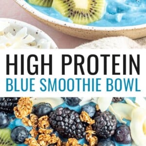 A blue smoothie in a bowl topped with kiwi, granola, blueberries, blackberries and coconut flakes.