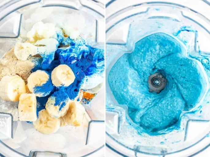 Side by side photos of a blender with the ingredients to make a blue smoothie bowl, before and after being blended.