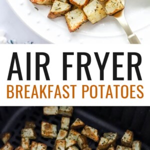An overhead view of a plate containing air fryer breakfast potatoes alongside tomato and avocado slices. Photo below is of the potatoes in an air fryer basket.