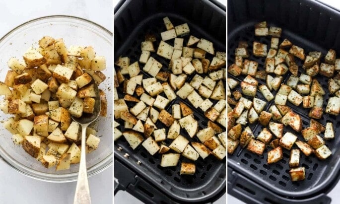 Three photos, showing tossing cubed potatoes with spices and oil and then air frying them until crispy.