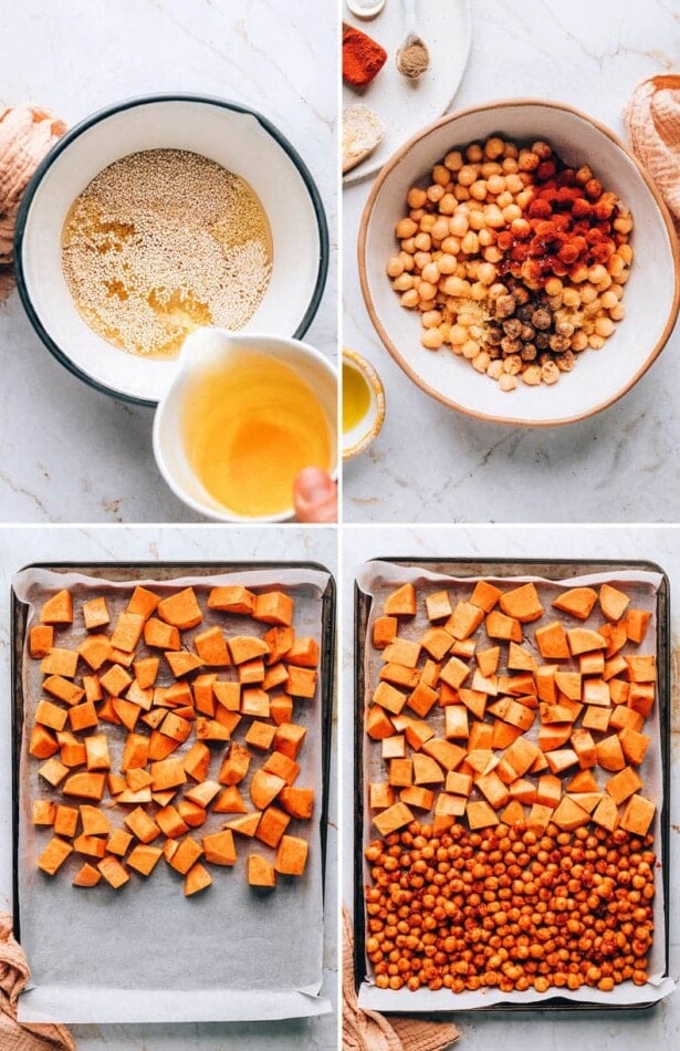 Four photos: cooking quinoa, seasoning chickpeas, adding sweet potato chunks to a sheet pan and then chickpeas to the other side to roast.