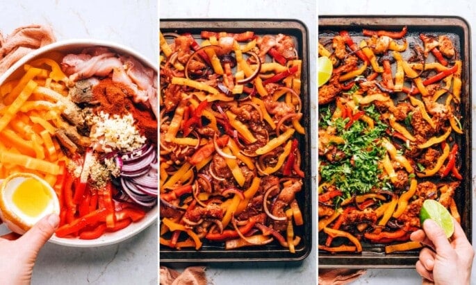 Three photos beside each other: a person seasoning sliced peppers and onions and chicken strips in a bowl with olive oil and spices, second two are photos of the chicken fajitas on a sheet pan, before and after being baked in the oven.