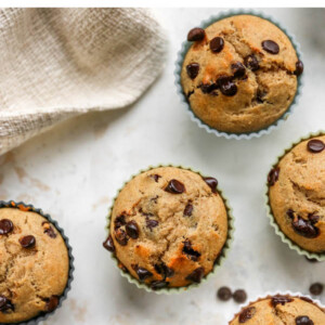 Overhead view of 6 chocolate chip yogurt muffins in silicone liners.