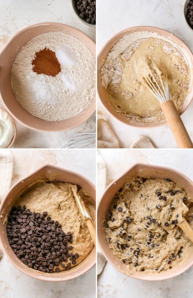 Four photos showing the process of making the batter for chocolate chip yogurt muffins.