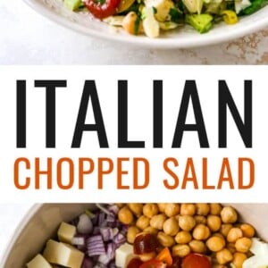 Drizzling dressing onto a plate containing Italian chopped salad. Photo below is a mixing bowl with the ingredients for the Italian chopped salad before mixing.