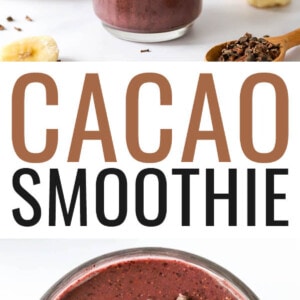 Two photos of a cacao smoothie in a glass topped with cacao nibs.